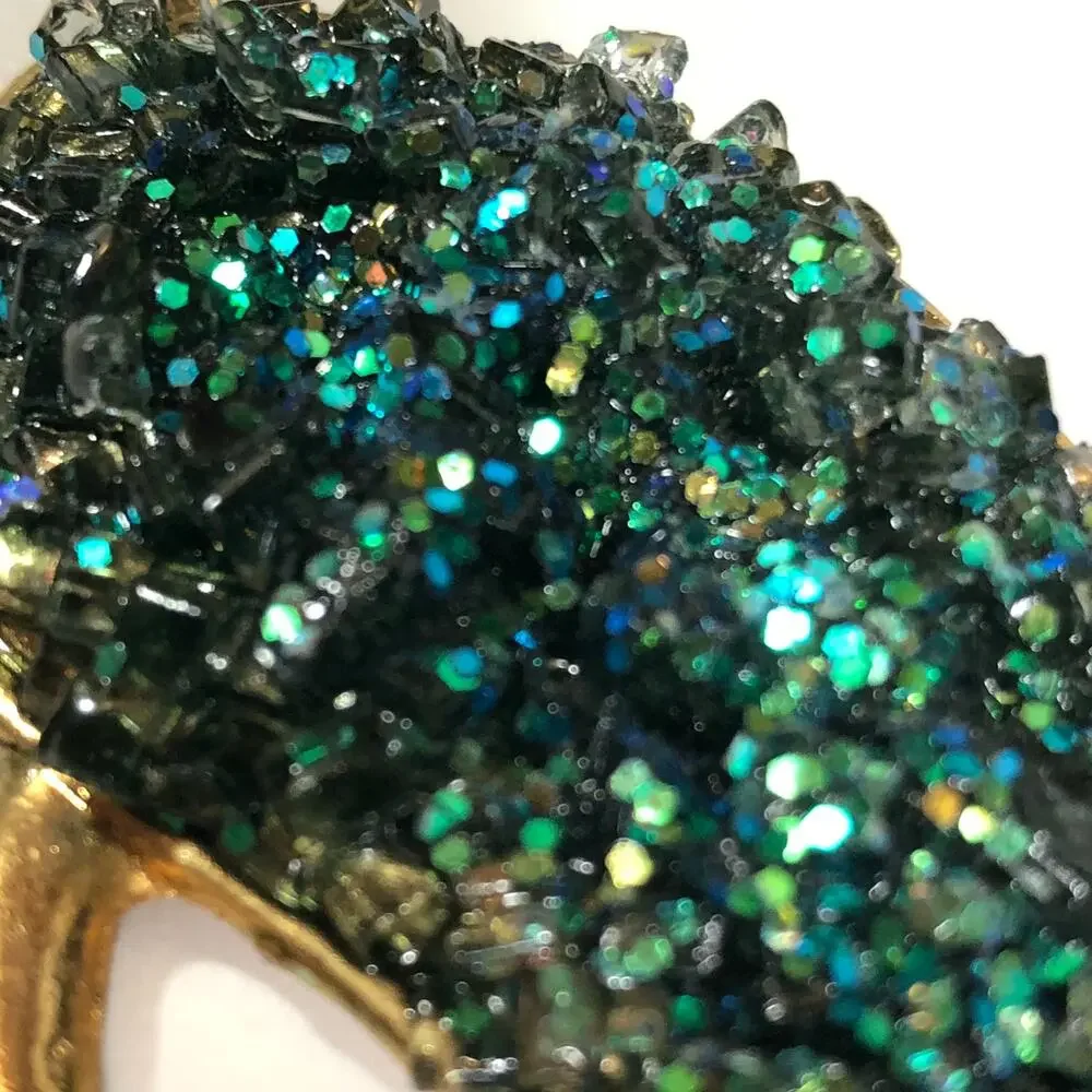 Green Glass Glitter Brooch Gold Tone Large Statement Vintage Retro Sparkle